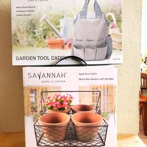 Savannah Home & Garden 5 Piece Terra Cotta Planters & Wire Basket & Tool Caddy